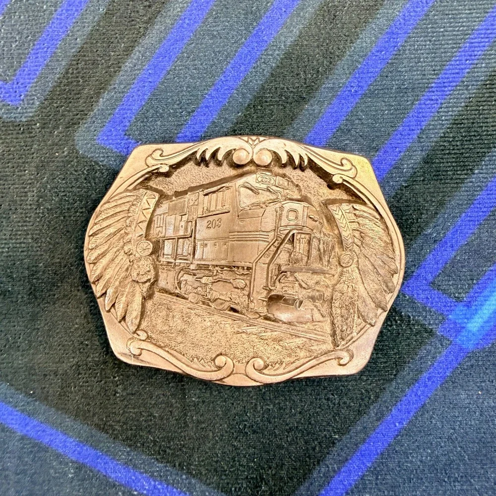 C&J Inc Belt Buckle Mens Silver Train Engine 203 Native American Headdress 1996
